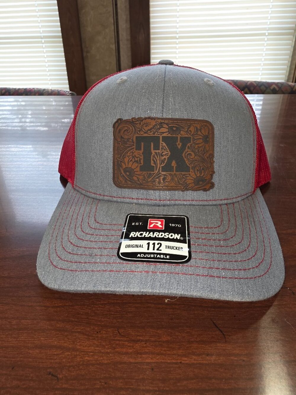 Richardson Gray/Red Adjustable Mesh Back Trucker Hat "TX" Patch